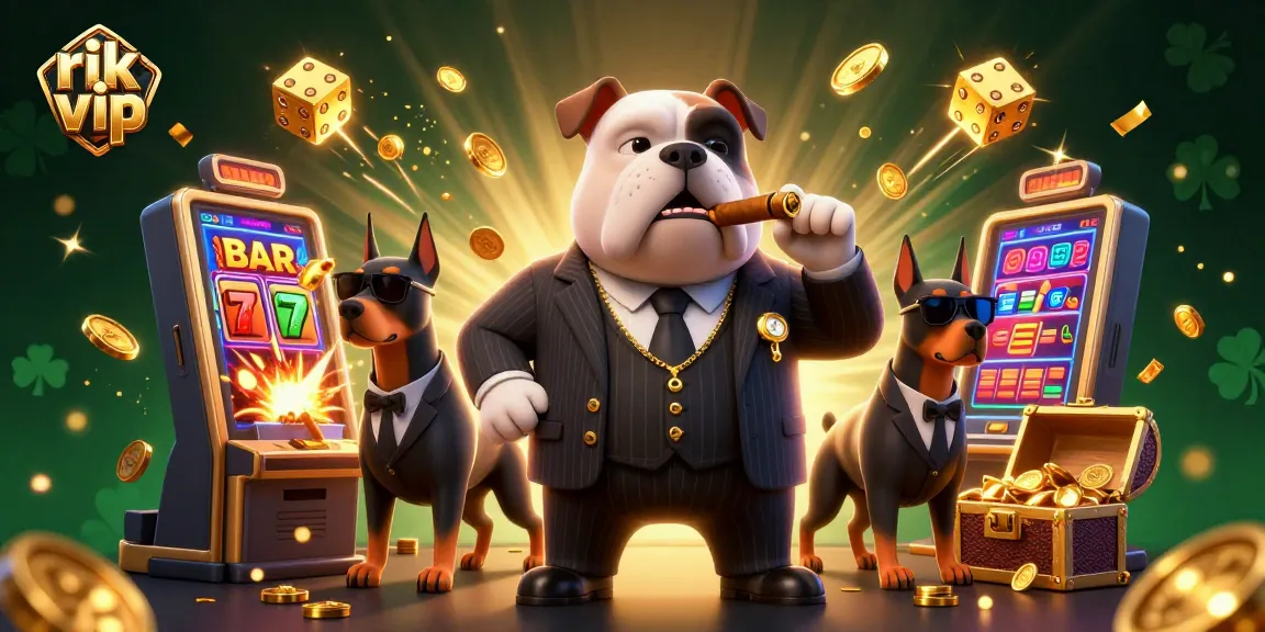 Experience the thrill at rik vip with an exciting 3D casino scene featuring a mafia bulldog, slot machine, and jackpot symbols.