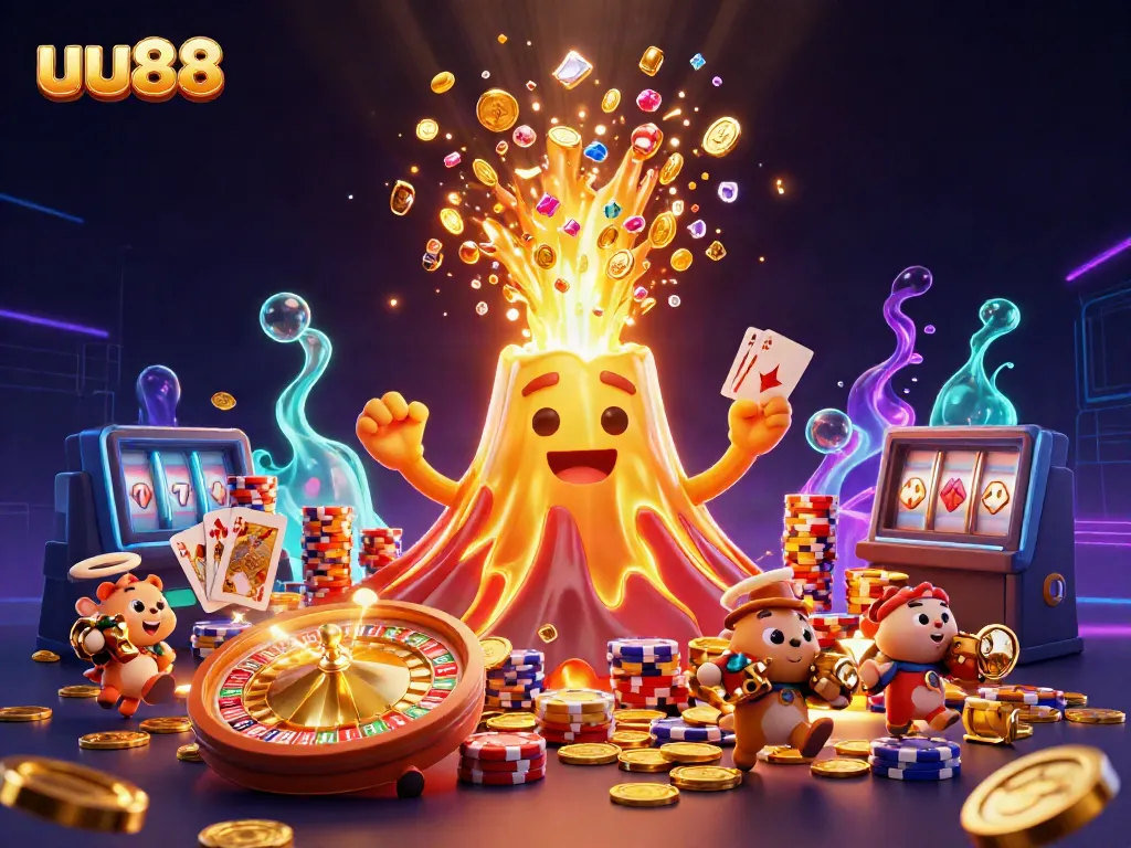 Experience thrilling wins at uu88 with a golden volcano showering coins and treasures in a dynamic casino scene.