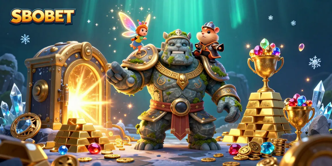 SBOBET players winning magic with a brave hamster knight riding a golem guardian in a treasure-filled casino.