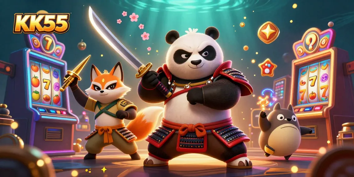 Experience thrilling slot adventures with KK55's vibrant 3D characters in a casino setting.
