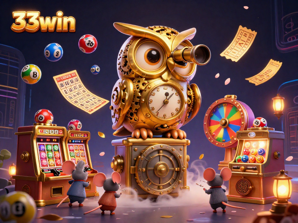 Experience thrilling gaming action with 33win's vibrant illustration featuring dynamic lottery and casino elements.
