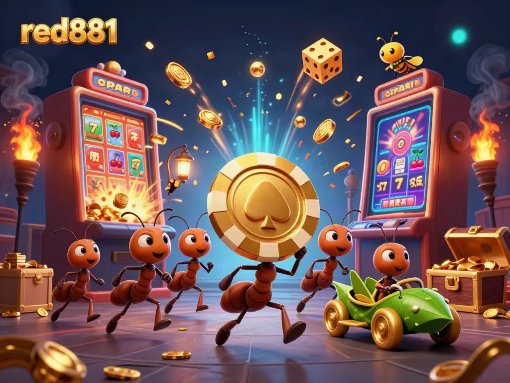 Experience thrilling action at red881 as ants steal a giant poker chip in a dynamic casino heist scene.