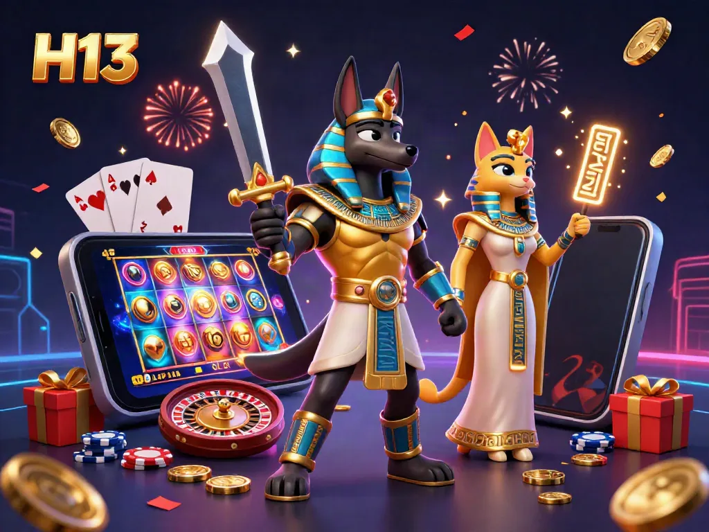 Experience thrilling games at H13 with Anubis and Bastet amidst dynamic casino elements.