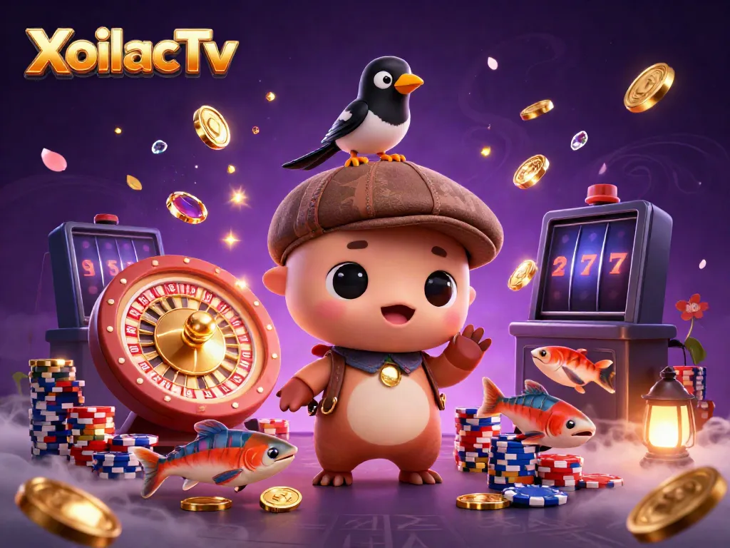 XoilacTv offers a captivating view of an engaging cartoon scene with Nessie, coins, and gaming elements.