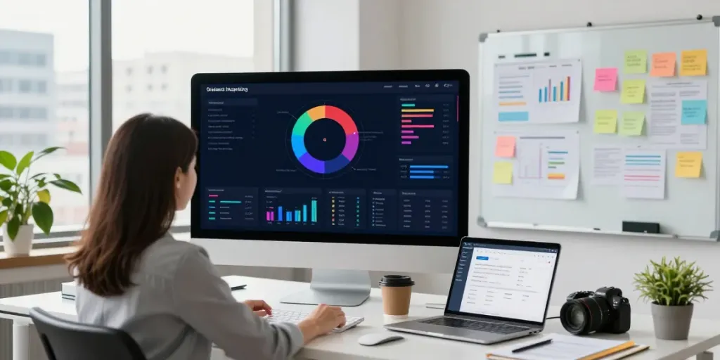 Professional analyzing instant indexing tools in a modern office.