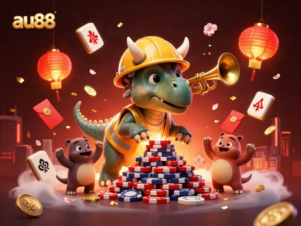 au88 celebration scene showcasing a triceratops building poker chip pyramid in a vibrant casino