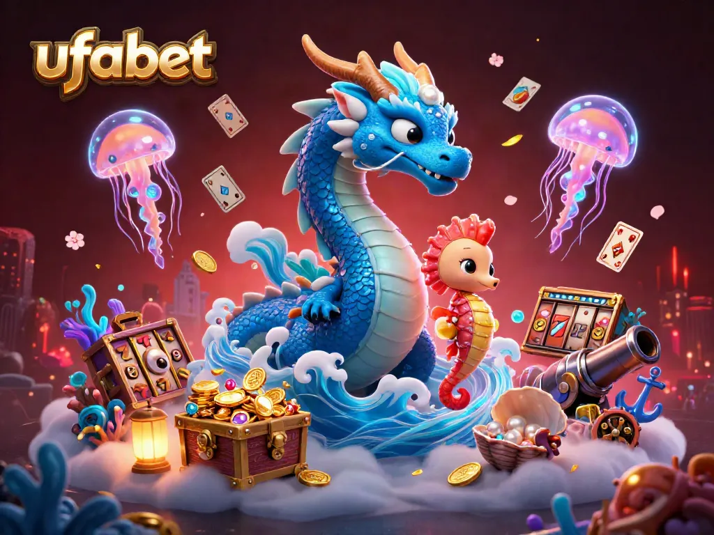Experience excitement with ufabet's 3D dragon and vibrant casino elements, slots, and treasures