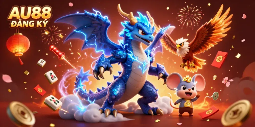 Engage in exciting gaming with AU88 ĐĂNG KÝ, featuring lively characters and casino elements.