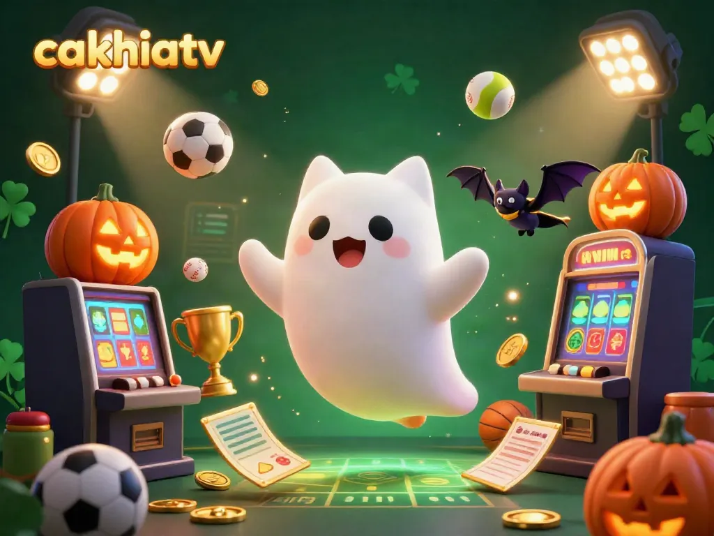 Experience the excitement of cakhiatv with a ghost cat and bat in a bustling casino ambiance filled with glowing sports elements.