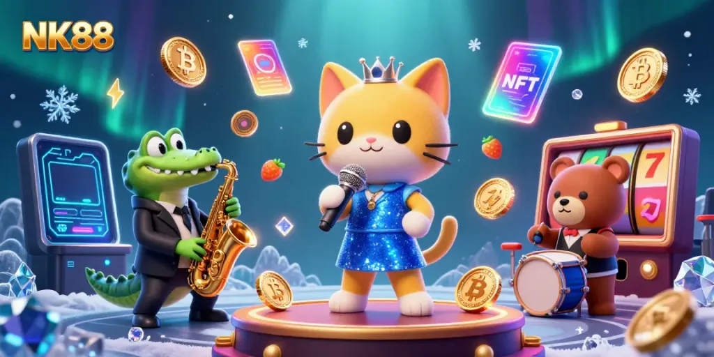 Experience NK88 with a lively casino scene featuring a jazz-singer cat, musical friends, and vibrant game elements.