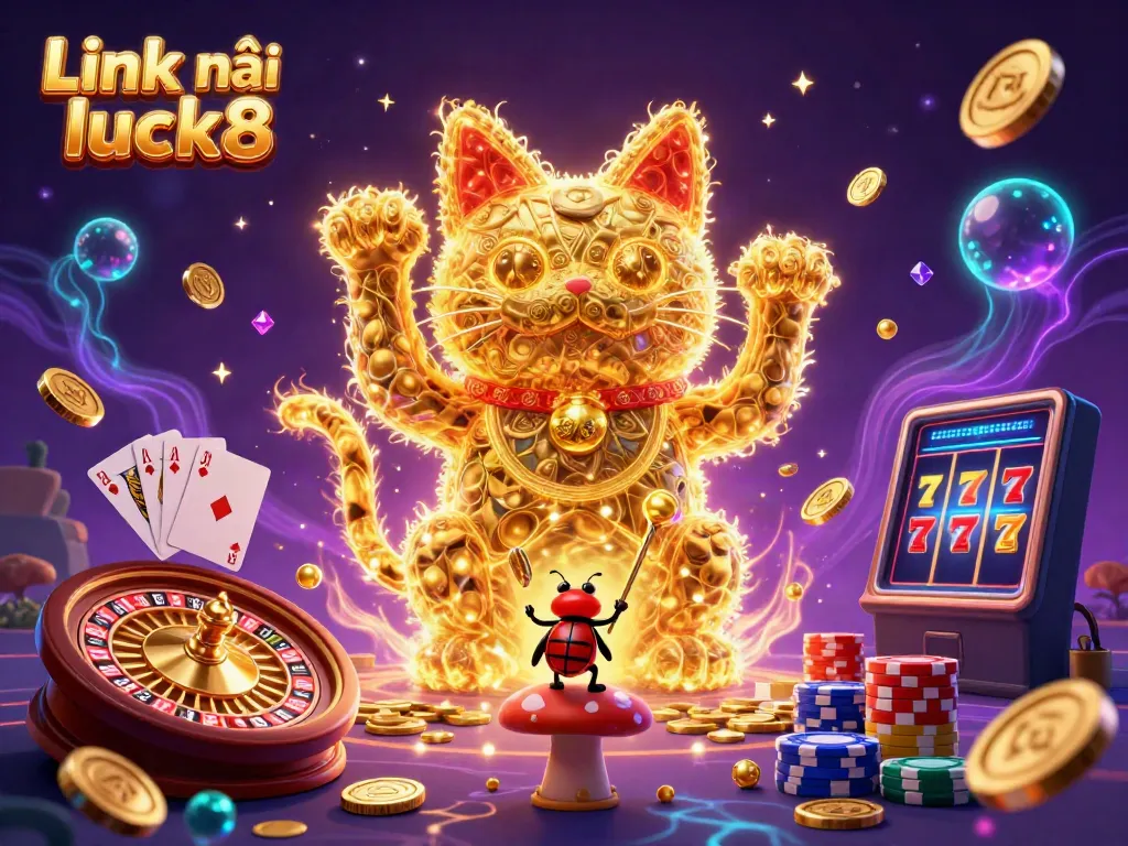 Experience the thrill of gaming with Link vào luck8 as golden fireflies create a lucky cat amidst casino symbols.