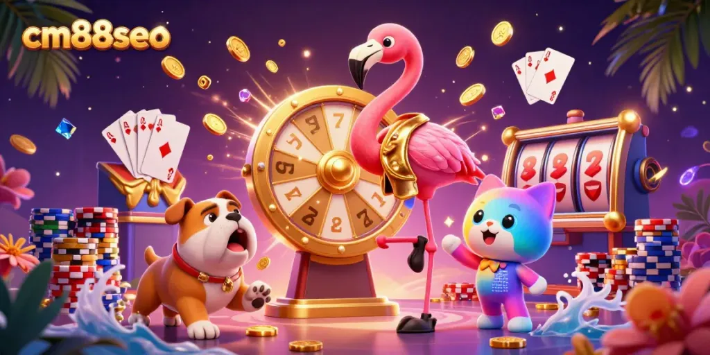 Experience cm88seo with vibrant gaming thrills, featuring a joyful bulldog and flamingo host amidst golden prizes.