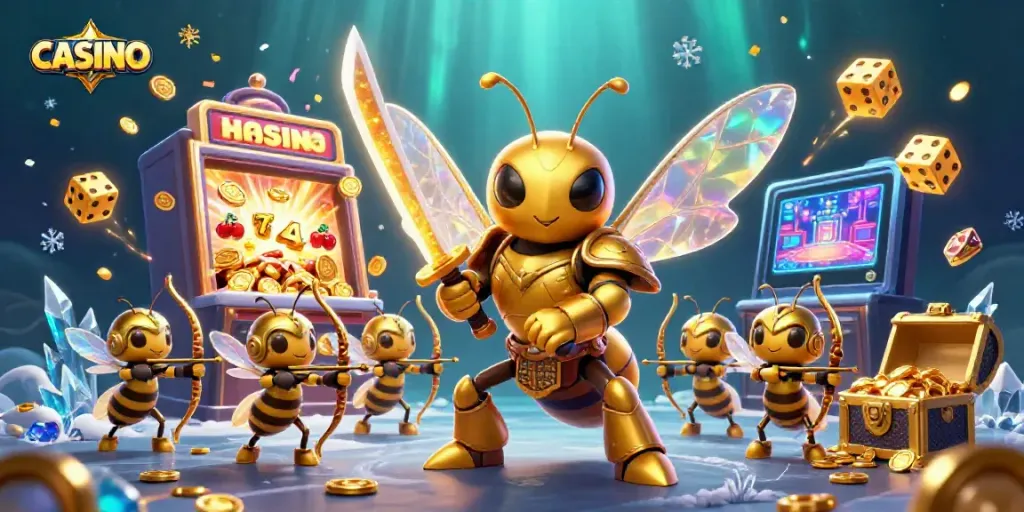 Engaging casino-themed illustration showcasing a dynamic scene with characters, slot machines, and gaming elements.