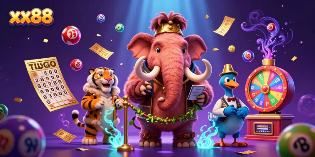 Experience the vibrant atmosphere of xx88 with dynamic lottery elements and unique characters in this colorful casino scene.