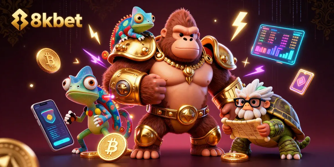Engage with 8xbet's vibrant gaming scene, showcasing characters in a packed casino illustration.