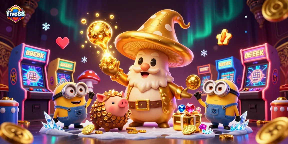 Experience the magic of five88 with a vibrant casino scene featuring a golden mushroom wizard and treasures.