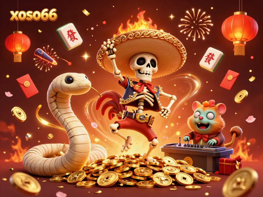Celebrate wins with xoso66 at this vibrant casino-themed illustration featuring dynamic characters.