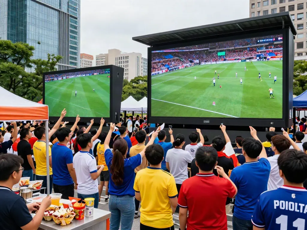 Excited crowd enjoying a live football match at Xoilactv event, surrounded by colorful banners and food stalls.