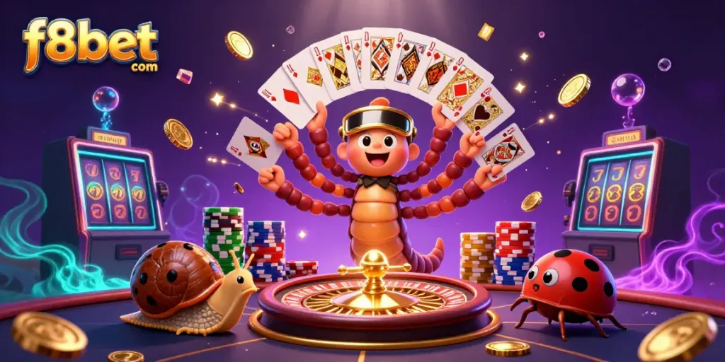 Engage with exciting f8bet com gaming visuals featuring a whimsical casino scene filled with playful elements.