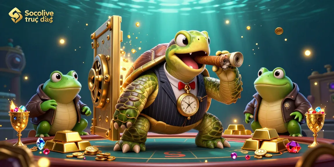 Socolive trực tiếp showcases a lively casino scene with a turtle mobster and bullfrog enforcers amidst treasure and gems.