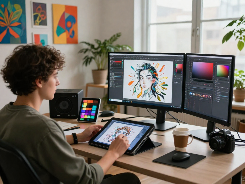 Artist creating NSFW AI digital art in a modern studio filled with vibrant artwork.