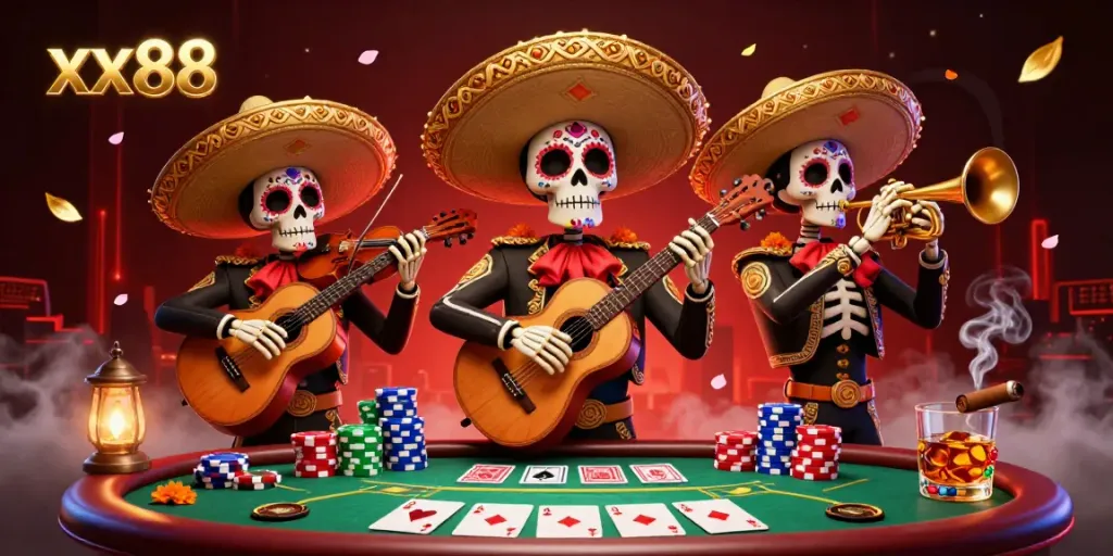 Join the vibrant xx88 mariachi band for an exciting live casino experience with poker and festive elements.