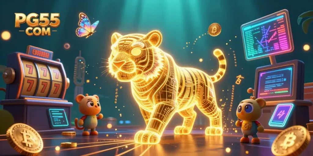 Experience the dynamic world of PG55 COM casino with a neon tiger and crypto elements.