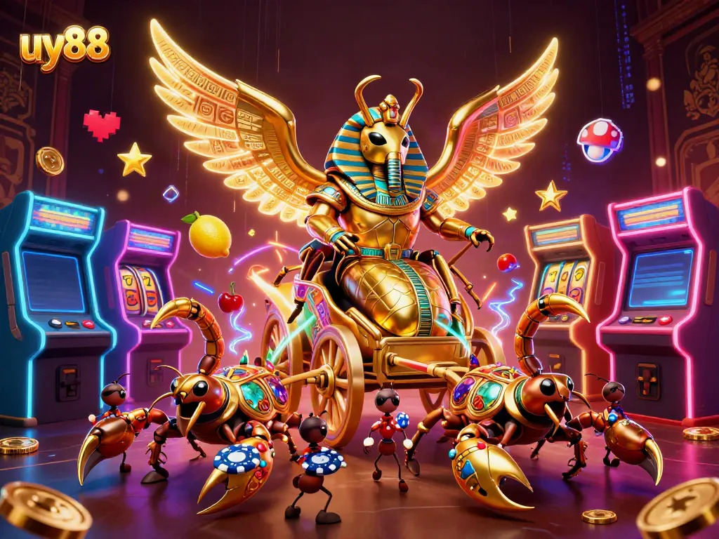 Experience thrilling spins with uy88's golden scarab beetle in a vibrant casino world.
