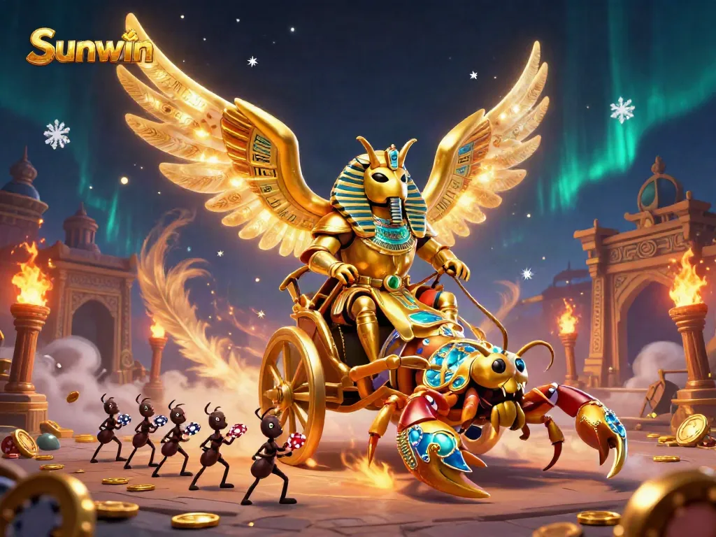 Experience thrilling gameplay with Sunwin, featuring a pharaoh armor beetle, scorpions, and poker chips in an energetic scene.