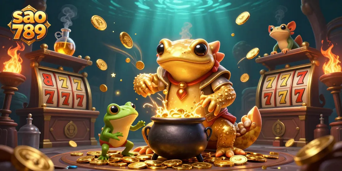 Sao 789 engages players with a vibrant 3D illustration of a golden salamander turning base metals into gold, surrounded by gaming excitement.