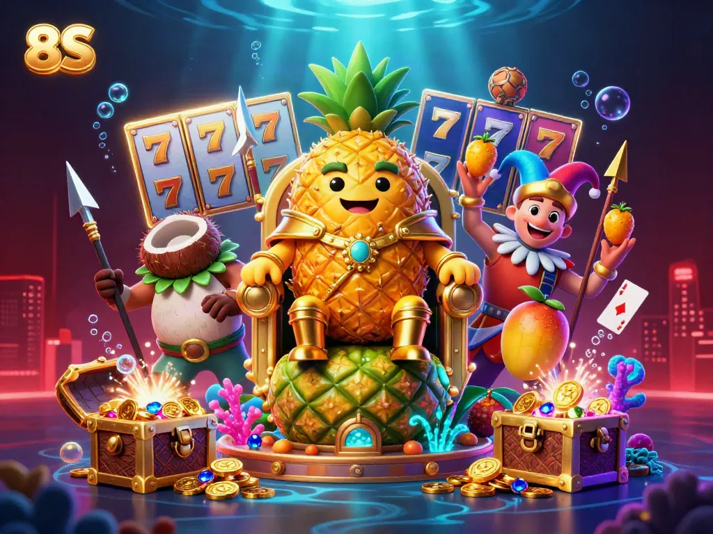 Engage with the vibrant beach casino scene showcasing the 8S brand featuring the pineapple king and lively game elements.