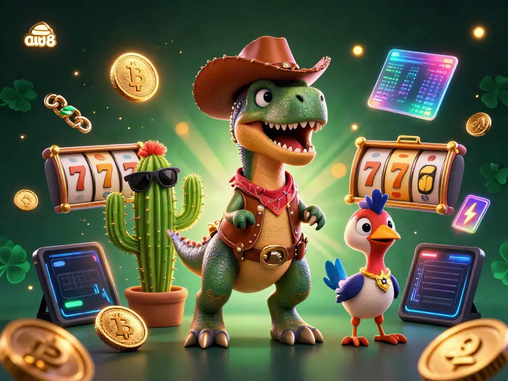 Join the thrilling casino action with au88's T-Rex character amidst colorful slot reels and crypto elements.