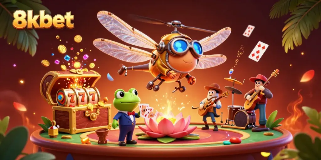 Engage with the lively 8xbet scene featuring a dragonfly pilot, frog dealer, and jazz cricket musicians amidst vibrant casino elements