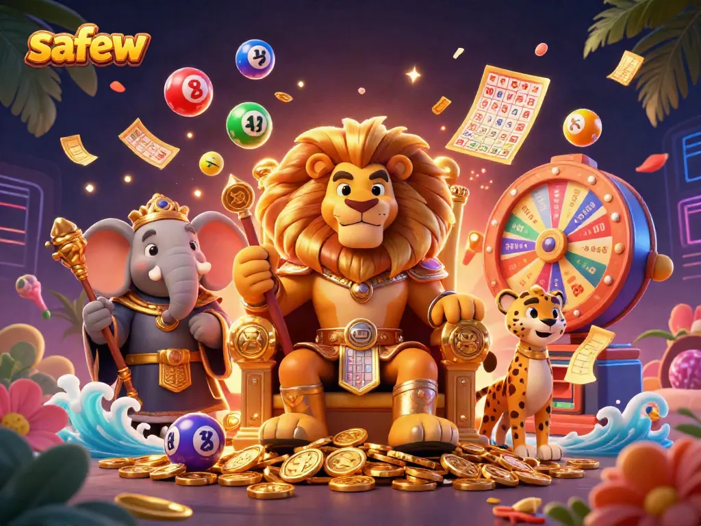 Engage in thrilling gameplay with the safew app featuring a lion king, elephant advisor, and cheetah messenger in vibrant casino scene.