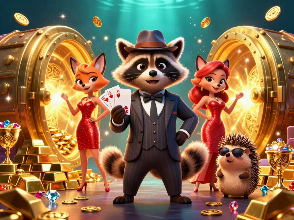 Cakhiatv showcases a vibrant 3D scene with a suave raccoon, a stylish fox, and a hedgehog bouncer celebrating a royal flush in a vibrant casino.