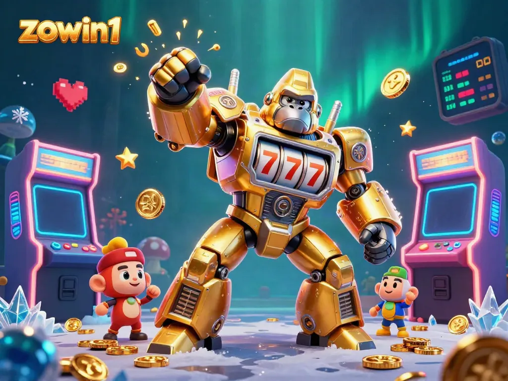 Zowin1 showcases an exciting mech arcade game scene filled with vibrant game elements and sparkling coins.