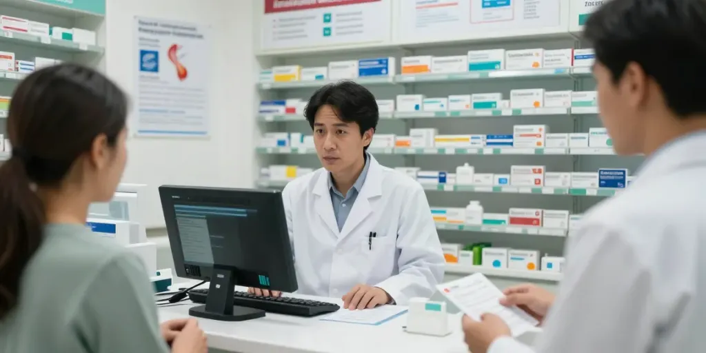 Pharmacist using a device to look up Tramadol and Codeine in UAE medications, surrounded by a well-stocked pharmacy.
