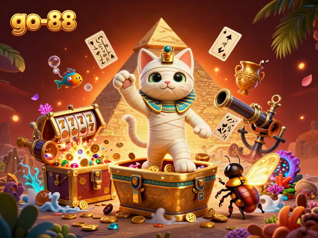 Engage in thrilling gameplay with go-88: a dazzling scene featuring a mummy cat and golden treasures in a pyramid casino.