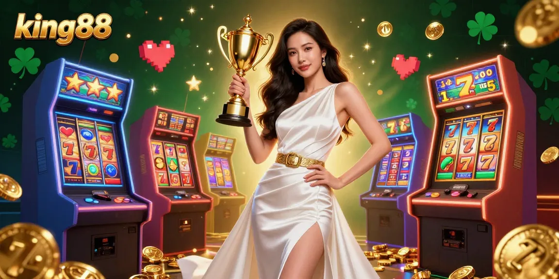 Experience king88's vibrant slots with a confident female champion amidst rich gaming elements.