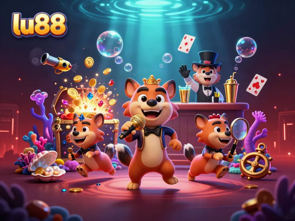 Experience the thrill of lu88 with hyena characters in a vibrant casino scene filled with treasures.