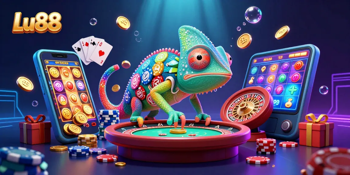 Lu88 chameleon casino owner engaging players with dynamic games and golden coins during thrilling gambling experience.
