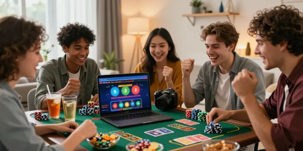 Friends enjoying games on American online casino sites with snacks and excitement in a cozy living room.