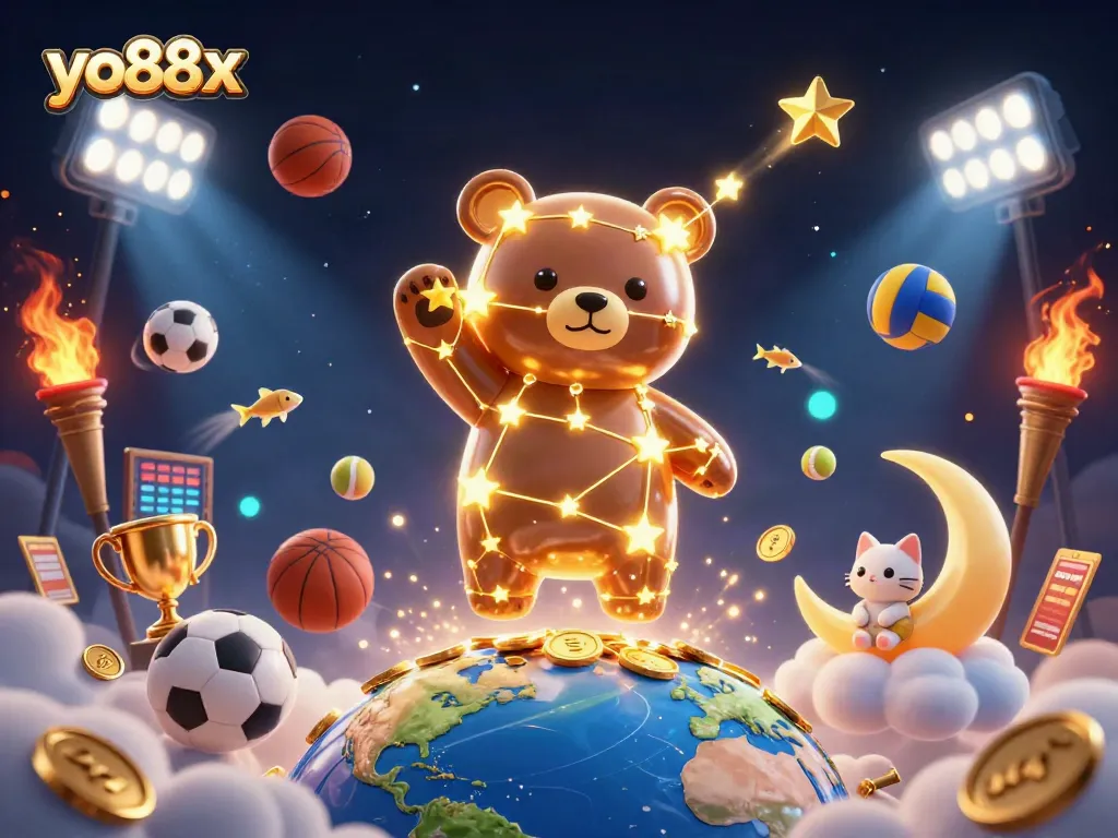 Win big with yo88x featuring a constellation bear and cash scooping elements in a dynamic casino scene.