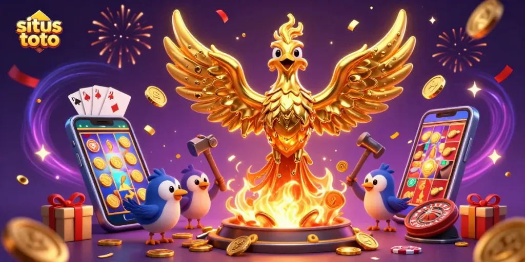 Experience situs toto gaming excitement with a molten golden phoenix and vibrant slot action!