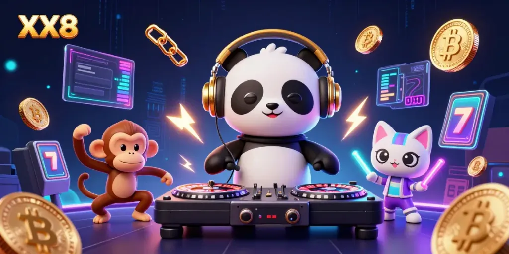 Join the fun at XX8 casino with a DJ panda spinning roulette wheel turntables in a vibrant party scene.