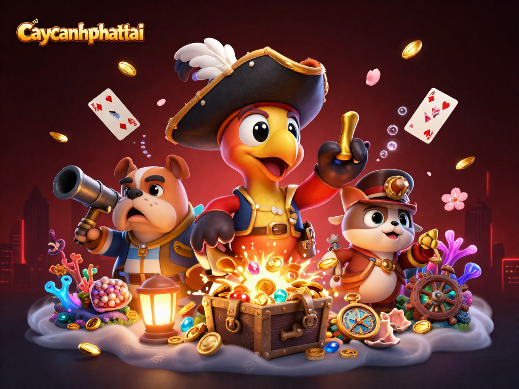 Caycanhphattai showcases a vibrant scene with pirate-themed characters amidst sparkling casino elements and underwater treasures.