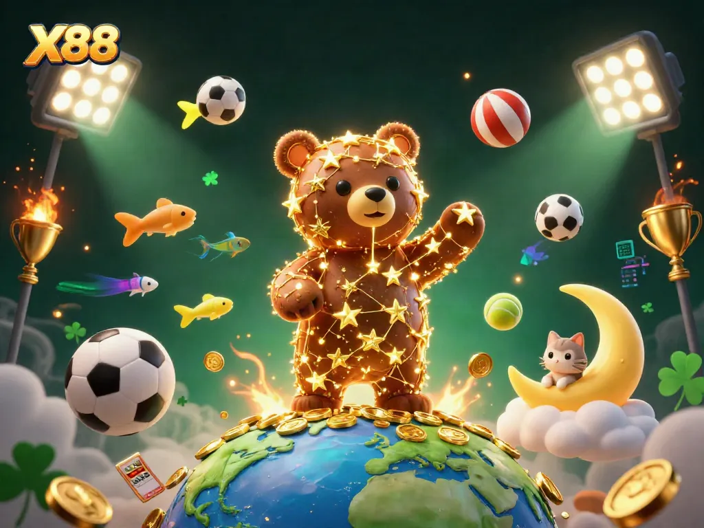 X88 captures excitement in a vibrant casino-themed scene with golden coins and sports elements.