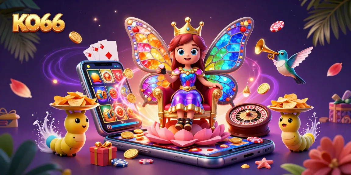 Engage with KO66's vibrant gaming universe featuring a butterfly queen, chips, and spinning slots.