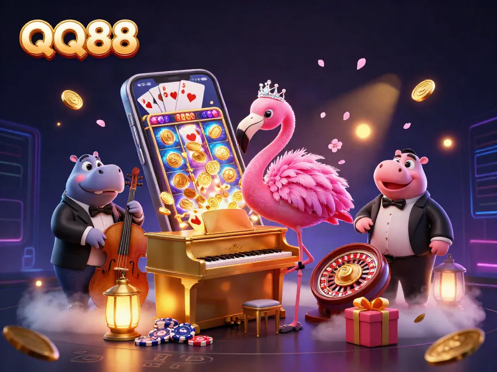 Engage in lively QQ88 gaming excitement with a glamorous flamingo and hippo duo in a vibrant casino scene.