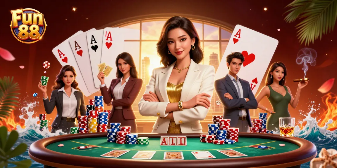 Enjoy a thrilling game with Fun 88’s interactive casino scene featuring poker elements.